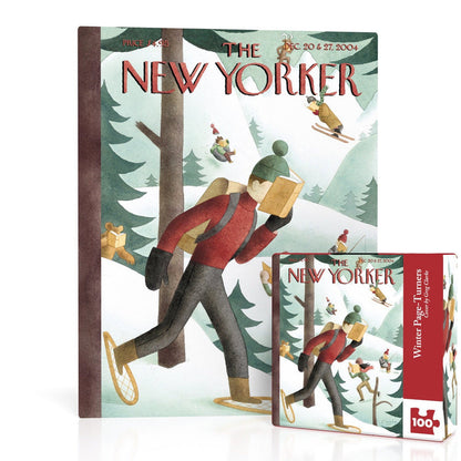 The Winter Page-Turners 100 Piece Jigsaw Puzzle by New York Puzzle Company showcases a cover illustration by Greg Clarke, depicting a snowshoer reading a book amid winter woods, with skiers and sledders in the background. Packaged in a matching box, this charming puzzle is perfect for anyone who loves cozy winter scenes.