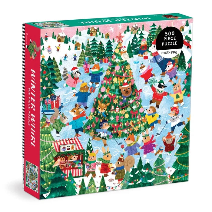 Experience cozy holiday fun with the Mudpuppy Winter Whirl | 500 Piece Jigsaw Puzzle. This charming puzzle showcases a festive forest scene, with animals ice skating and celebrating around a beautifully decorated Christmas tree in the snow—perfect for family gatherings this winter season.