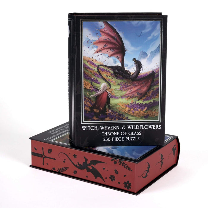 Discover the Witch, Wyvern & Wildflowers | 250 Piece Jigsaw Puzzle by Kingdom of Threads—a captivating fantasy art puzzle featuring a woman facing a dragon in a vibrant flower field. Inspired by Manon and Abraxos from Throne of Glass, this enchanting jigsaw makes an ideal Sarah J. Maas gift for fans who love magical worlds and memorable characters.